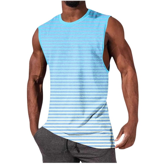 Chiccall Mens Workout Tank Tops Muscle Cut Off Shirts Comfy Sleeveless Crew Neck Gym Gradient Striped T-Shirts