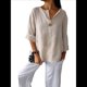 thumbnail image 3 of Camisa de y Algodón con Cuello en V para Mujer, 3/4 Enrollable, Informal, Holgada, , con Botones, para Verano Albaricoque 4XL, 3 of 7