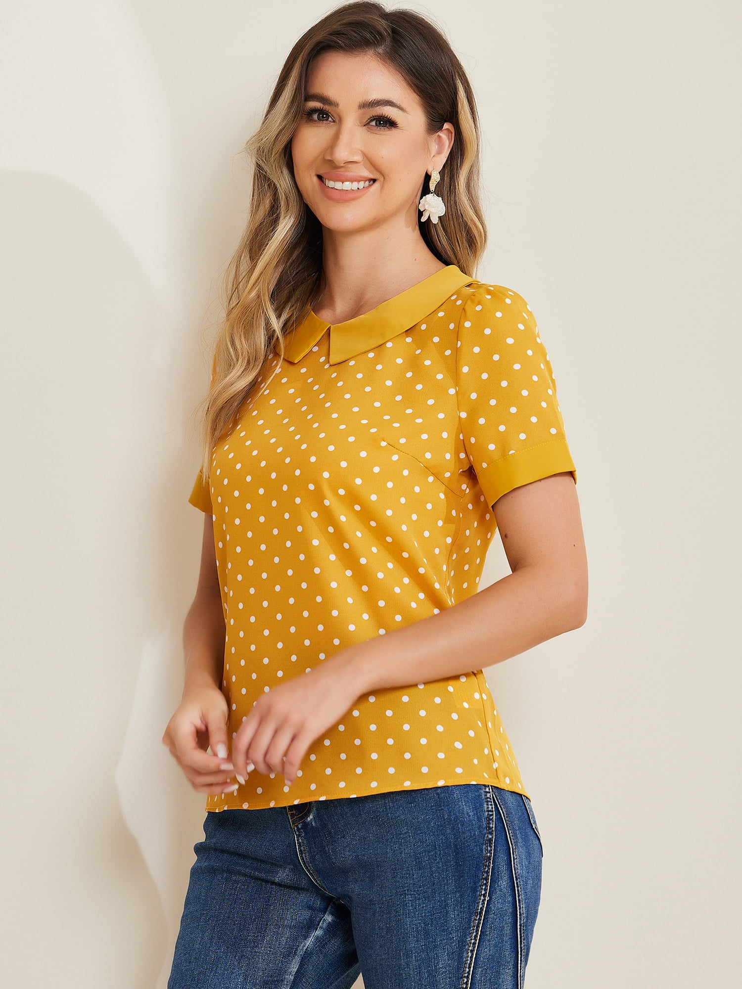 DARING DIVA Women's Peter Pan Collar Polka Dots Short Sleeve Tops M Yellow