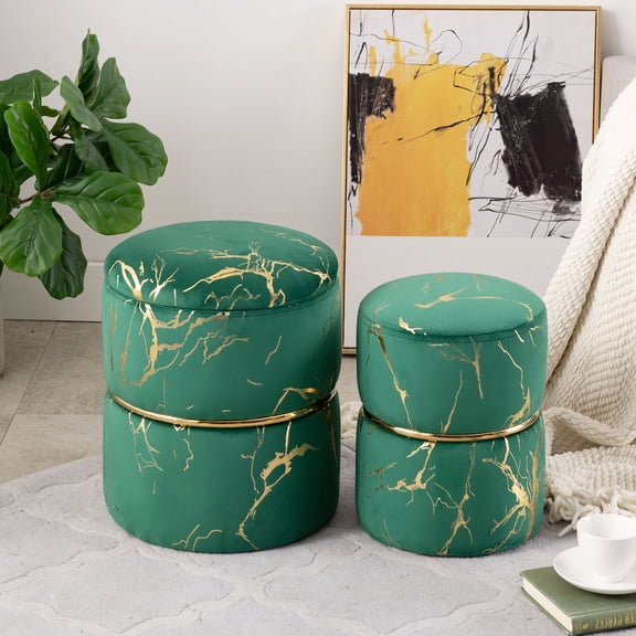 Round Velvet Storage Ottoman Upholstered Vanity Stool Chair Foot Rest Atrovirens,Pack of 2