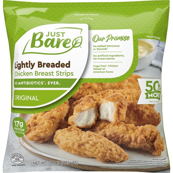 Just Bare Fully Cooked Lightly Breaded Chicken Breast Strips 2.25 lb, 17g of Protein, Serving Size 2 Pieces