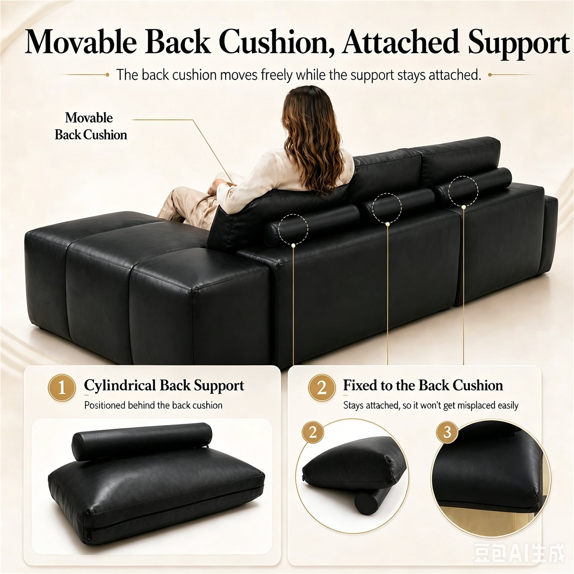 Aukfa 115" Leather Cloud Sectional Sofa Oversized Boneless Couch Modular L-Shaped Sofa for Living Room, Left Chaise, Black