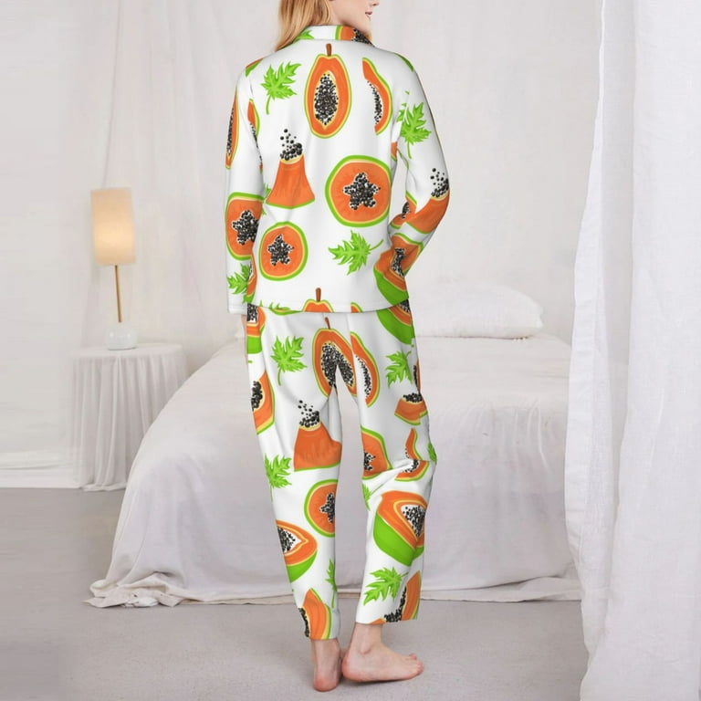 Women's Pajama Set Papaya green leaf Long Sleeve Button Down