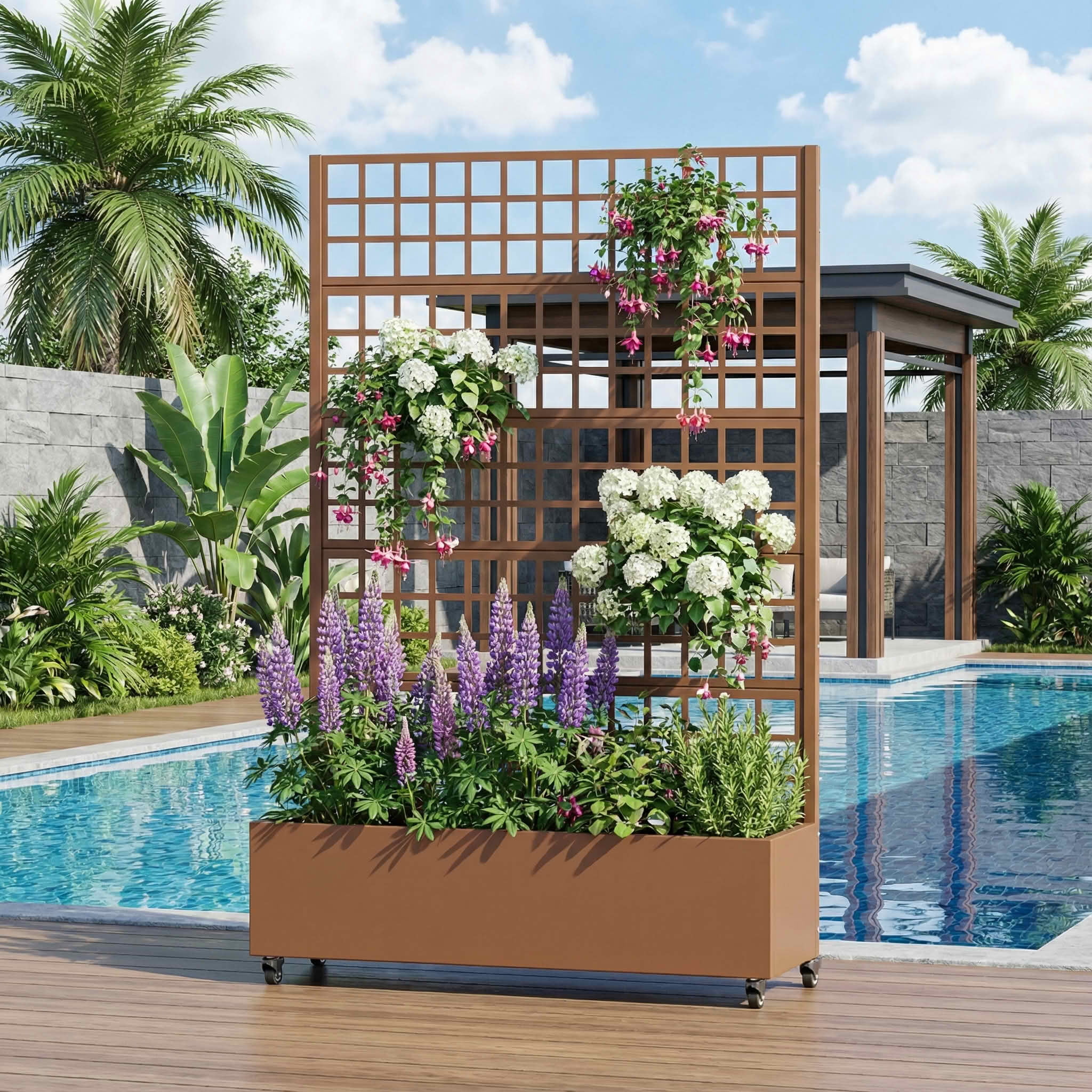 MAYEERTY 72X47" Metal Outdoor Brown Privacy Screen with Planter Box for Backyard & Garden, 5 Piece Set