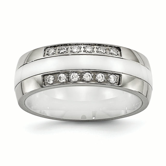 Stainless Steel Polished White Ceramic CZ Ring 9 Size