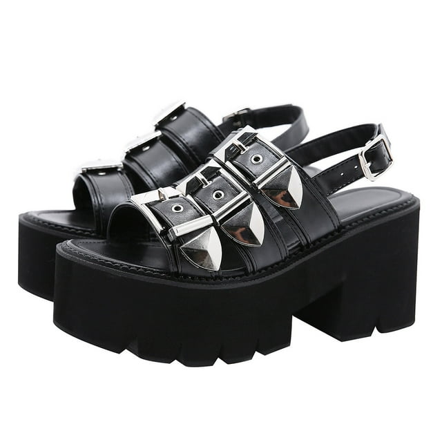 1 par de sandalias de mujer con suela gruesa, sandalias creativas y sencillas, zapatos de verano negros