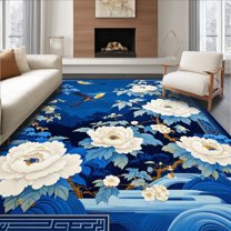 Flatwoven High Traffic Area Rug, Chinoiserie Blue Floral Elegance, Non Slip, Stain Resistant, Washable Area Rugs for Living Room, Bedroom(Blue, 4X6)