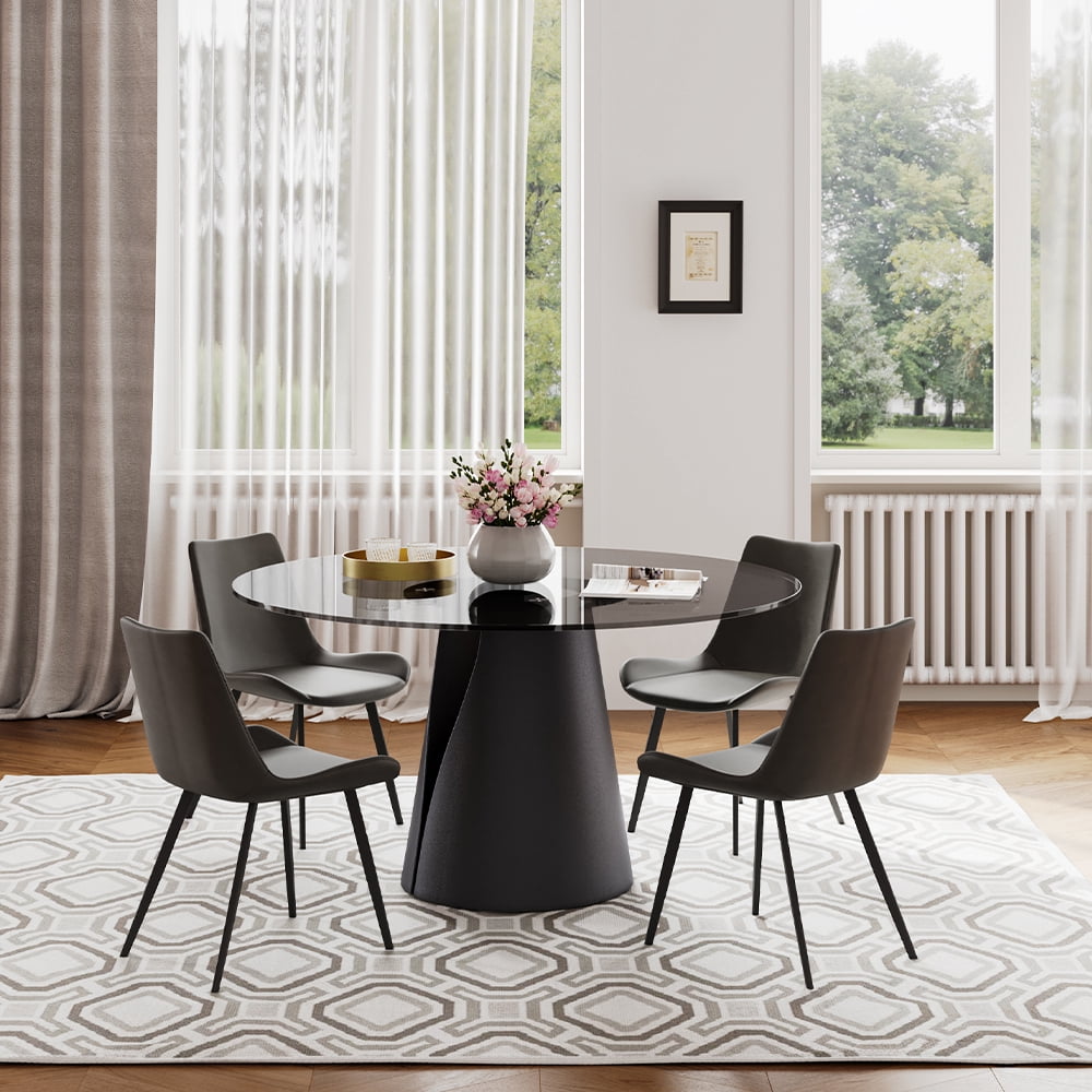 POVISON 47" Modern Black Round Dining Table For 4, Tempered Glass Tabletop,Carbon Steel Base
