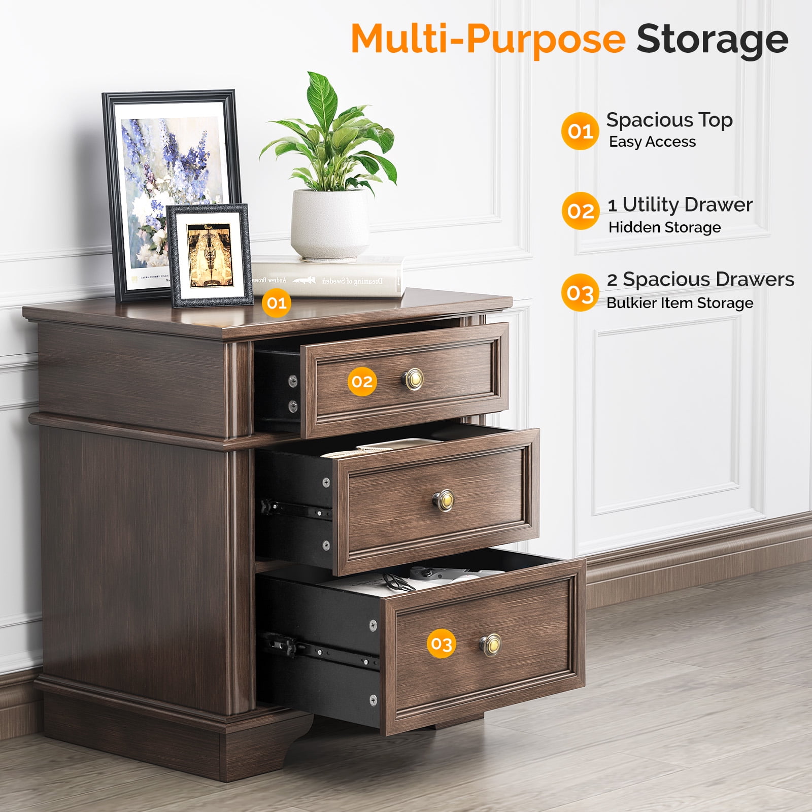 Ktaxon Wooden Nightstand with Outlets & USB Ports, 3 Drawer Traditional Cottage Bedside Table, Brown