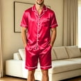 thumbnail image 2 of Mens Pajama Set, Short Sleeve Button Front Open Chest Pocket Tops and Dual Side Shorts Solid Color Sleepwear Nightwear Red 3XL, 2 of 9
