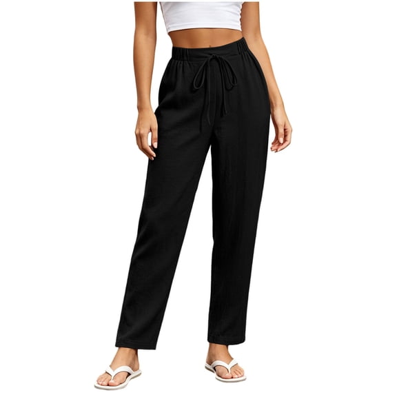 Lmueinov Women's 100% Cotton Drawstring Elastic Waist Straight Leg Pants, Casual Ankle Length Trousers with Pockets for Daily Commute Wear S-2XL