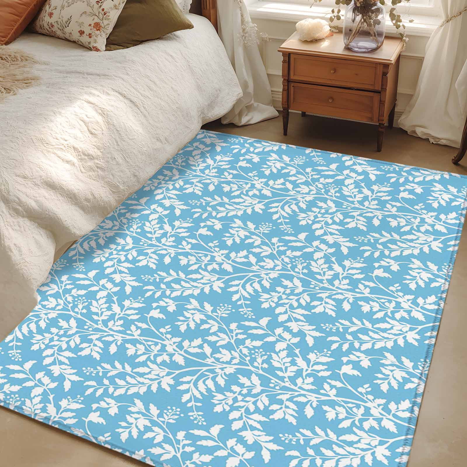 Area Rugs for Living Room Bedroom, Blue Spring Floral 4'x6' Rug Washable Carpet Runner Indoor Outdoor, Farmhouse Flowers Elegant Pastoral Non Slip Accent Floor Mats Rug for Kitchen, Office