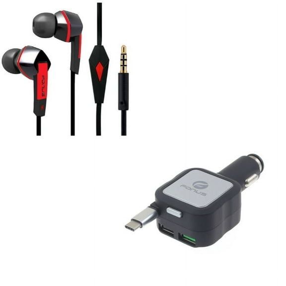 Retractable Car Charger w Headphones Wired Earphones R4X for Acer Liquid Jade Primo - Alcatel PulseMix, 7, Idol 5S 5 4S - ASUS Zenfone V Live, ROG Phone, AR 6 5z 4 Pro - Blackberry Motion