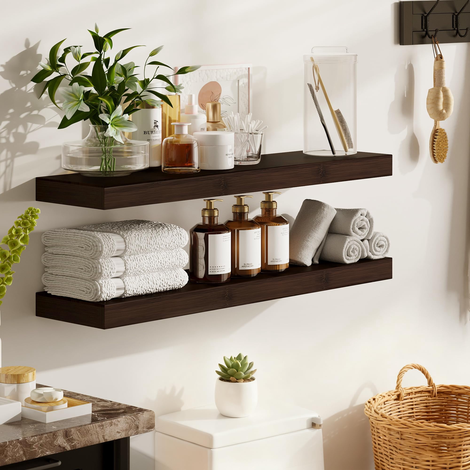Solid Floating Shelves  Set Of 2 With Invisible Brackets Wood Grain Decor For Living Room Bedroom Kitchen Bathroom & Office Storage