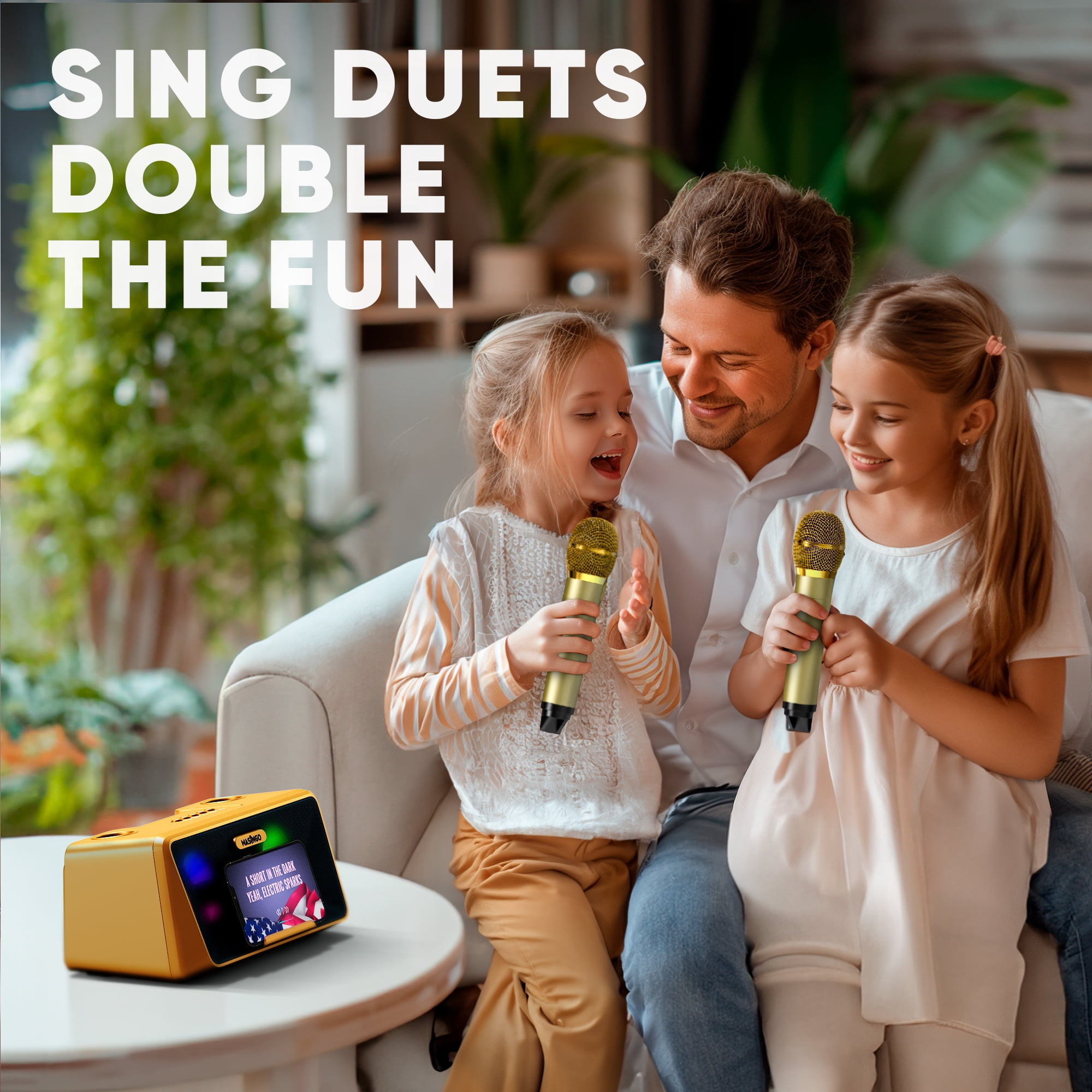 MASINGO Karaoke Machine for Adults and Kids with 2 Wireless Microphones, Portable Bluetooth Singing Speaker, Colorful LED Lights, PA System, Lyrics Display Holder & TV Cable - Presto G2 (Gold)