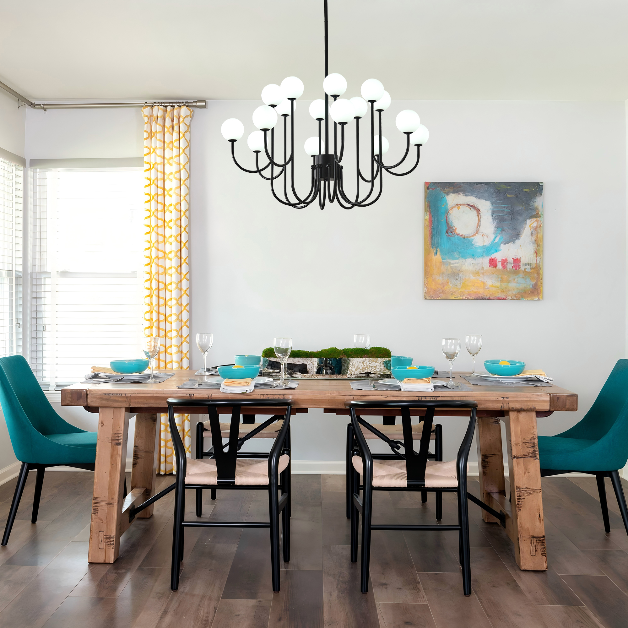 Black Sputnik Chandelier, 16 Lights Modern Chandelier for Dining Room Mid Century Chandelier Large 36” Ceiling Pendant Light Fixtures with Milk Glass Globe Shades for Foyer Living Room Kitchen Island