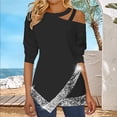 thumbnail image 2 of ZQGJB Women Tops Plus Size Casual T Shirts Long Sleeve Strappy Cold Shoulder Tunics Sparkling Patchwork Irregular Hem Blouse Black XL, 2 of 6