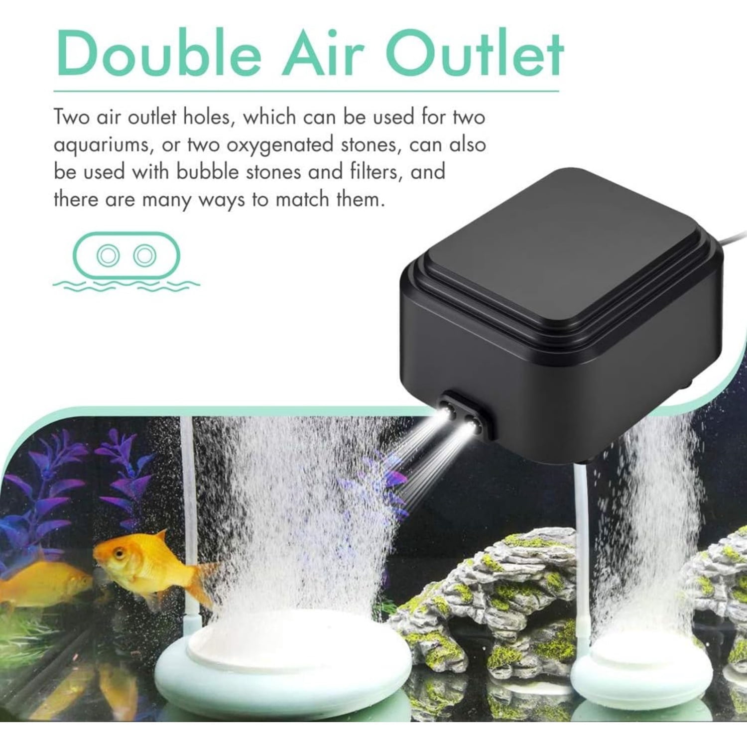 Quietest Aquarium Air Pump, Adjustable Oxygen Pump 2 Air Outlets Ultra Silent Powerful Aerator Pump Up to 600Gallon Fish Tank 255GPH 10W