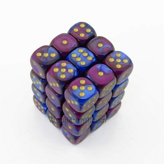 Blue and Purple Gemini Dice with Gold Pips D6 12mm (1/2in) Pack of 36 Chessex