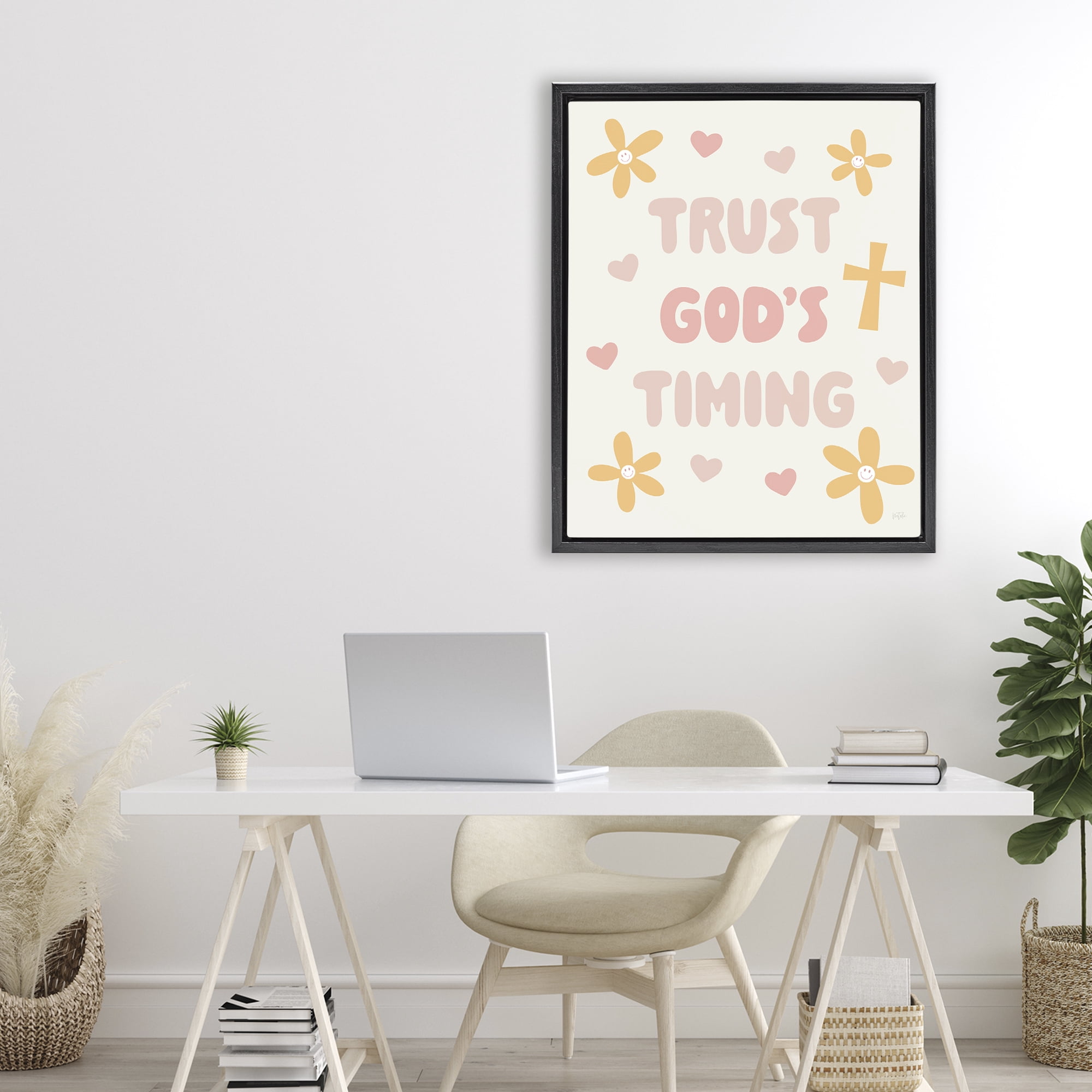 Stupell Industries Retro Trust God's Timing Black Framed Floater Canvas Wall Art, design by Natalie Carpentieri