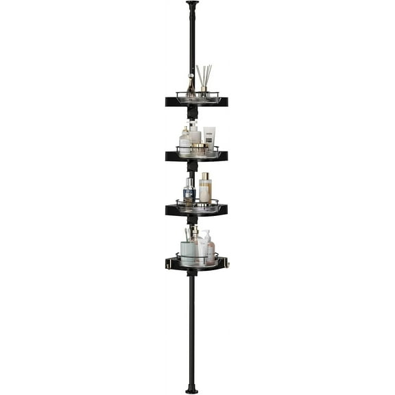 Corner Shower Caddy Tension Pole, 4 Tiers Rotating Shower Organizer for Bathroom Shelf Bathtub, Adjustable Standing Shower Rack Bathroom Accessories, Easily Assemble, 34-124 Inch Height,Black
