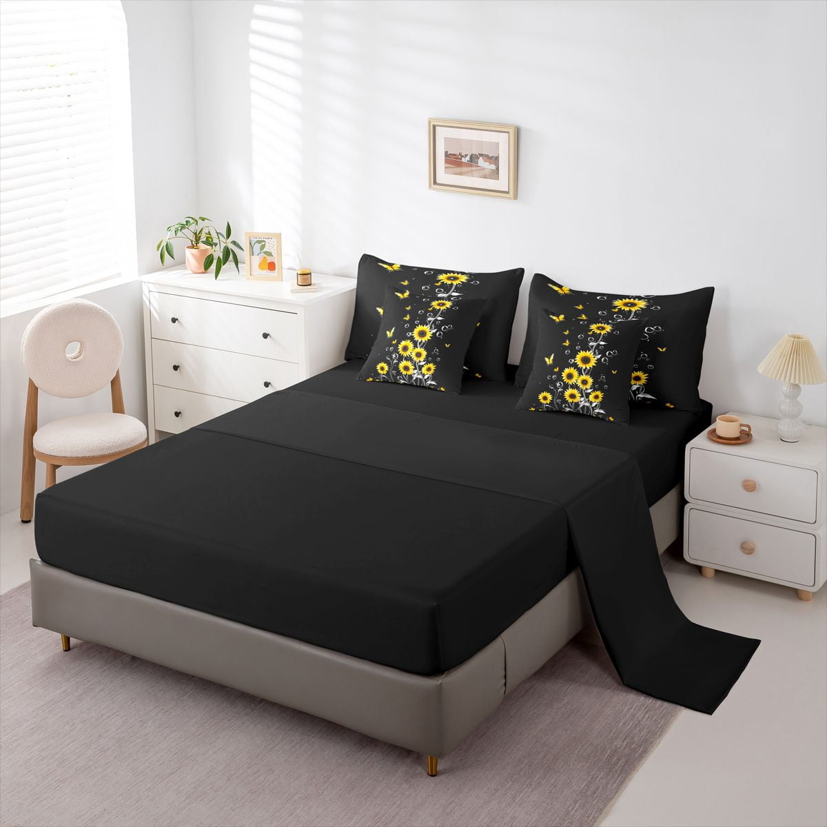 Homewish Country Sunflower Flower 7-Piece Bedding Comforter Set,Cute Cartoon Butterfly King Bedding Sets,Yellow Black Bed Sheets For Girls Kids,Breathable Home Decor Reversible