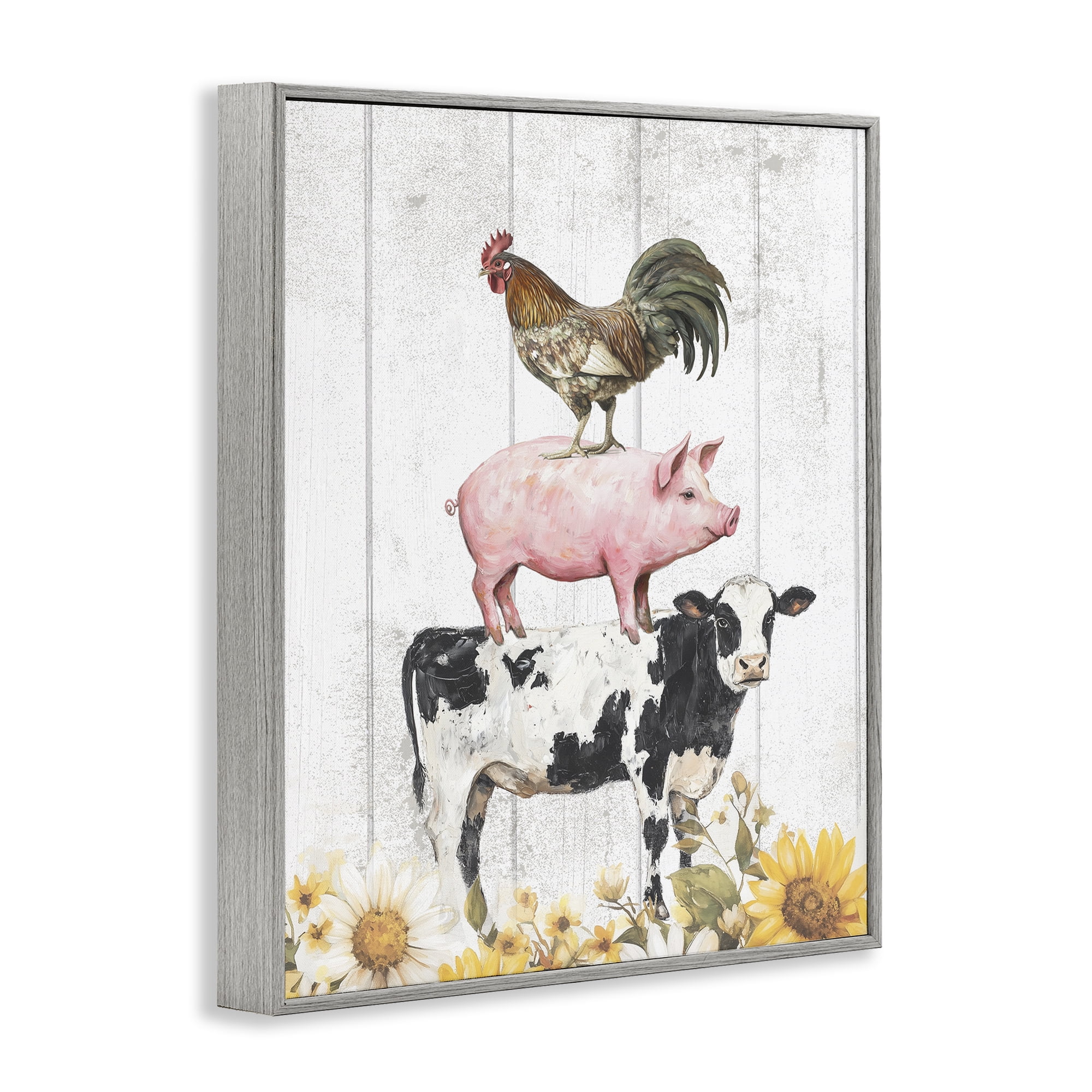Stupell Industries Farm Animal Stack and Sunflowers Gray Framed Giclee Art, design by Christine Simpson Art