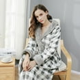 thumbnail image 3 of Long Coat for Men Couples Long Bathrobe Plaid Printed Home Clothes Long Sleeved Hooded Robe Coat, 3 of 7