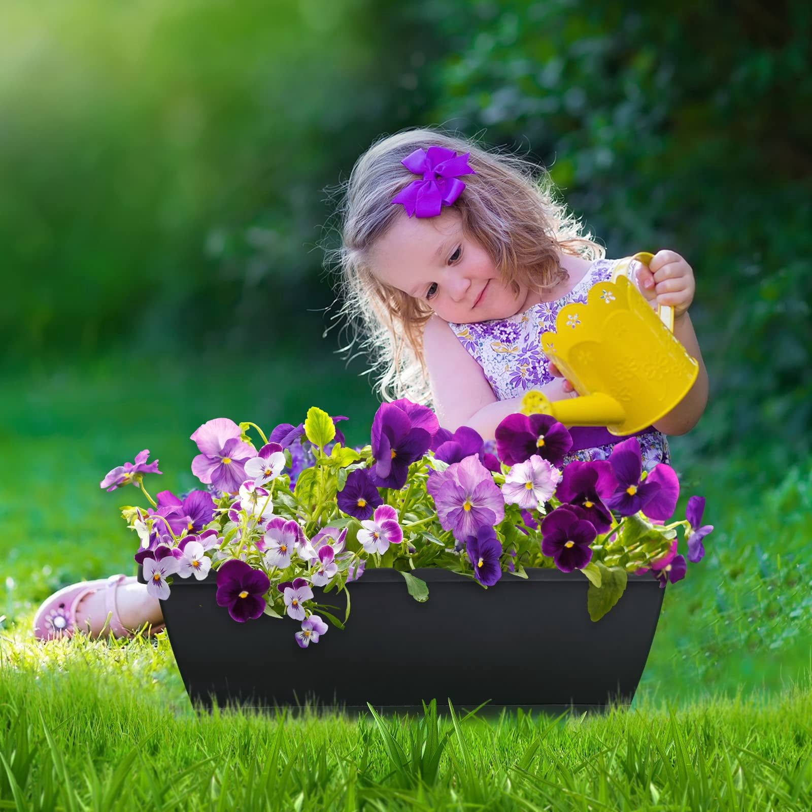Window Box Planter Black L 16.6 x W 7 x H 5.9 inches Rectangular Plastic Pot with Saucer for Indoor Outdoor Garden