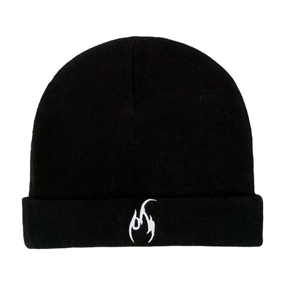 absanyy Women's Warm Acrylic Beanie with Flame Embroidery - Black, Free Size, Trendy Streetwear for Fall Winter