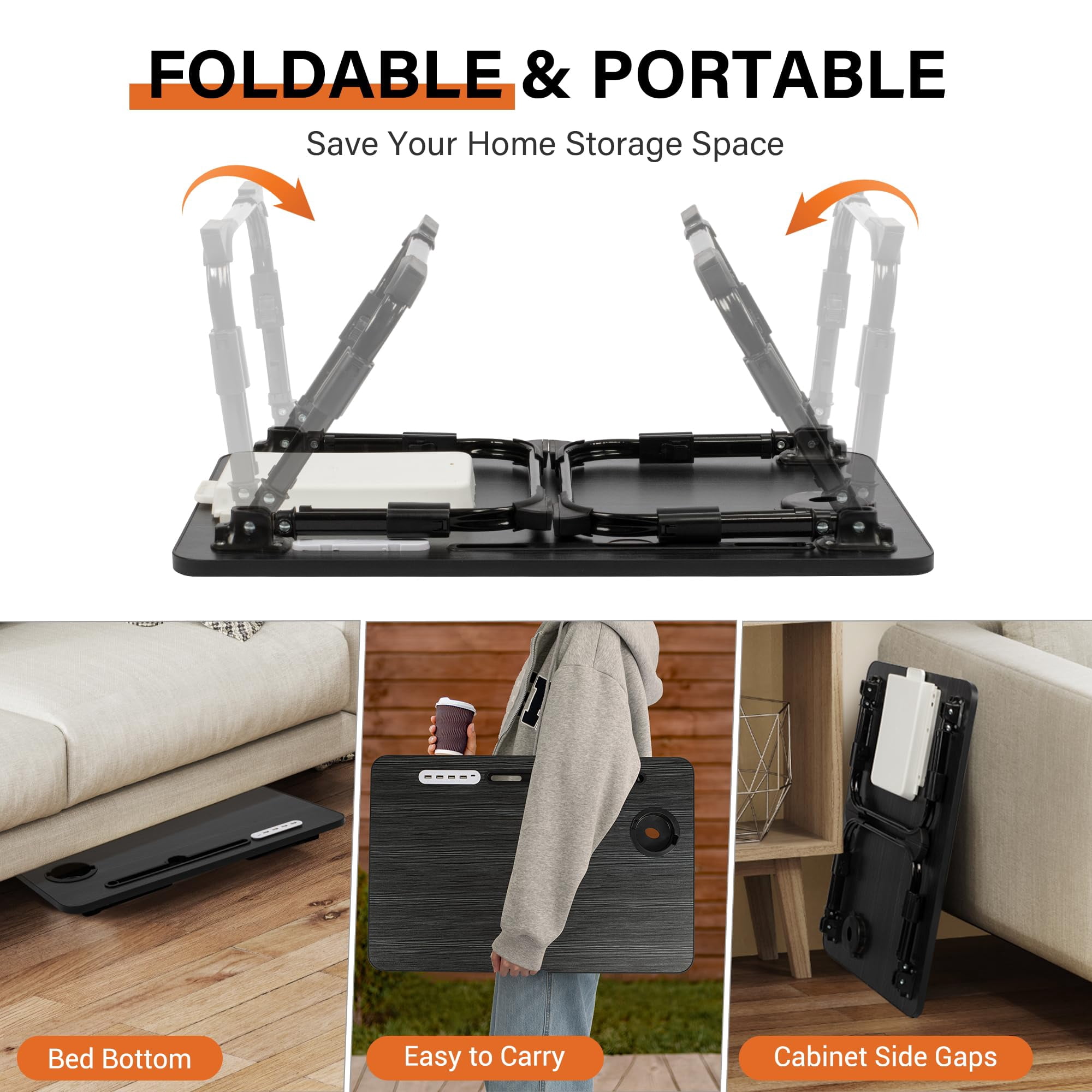 Laptop Desk For Bed Height Adjustable  Lap Table With Usb/storage Drawer/cup Holder/tablet Stand/book Shelf Foldable Breakfast Tray Portable Reading Writing Sofa & Floor Black