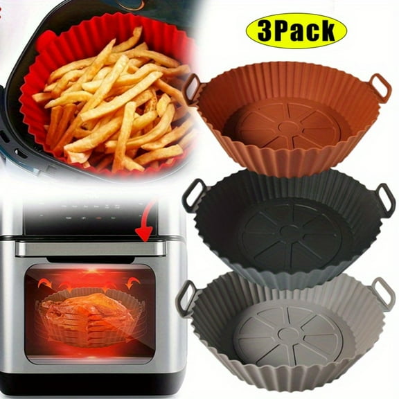 Air Fryer Liners 3 Pack, 8 Inch Reusable Silicone Pot Liners, Food Grade Non-Stick Baking Basket Accessories, Safe Alternative to Parchment Paper