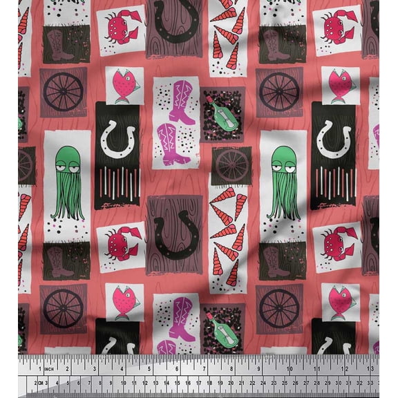 Soimoi Polyester Crepe Fabric Boots,Jellyfish & Seashell Clip Art Print Fabric by The Yard 42 Inch Wide