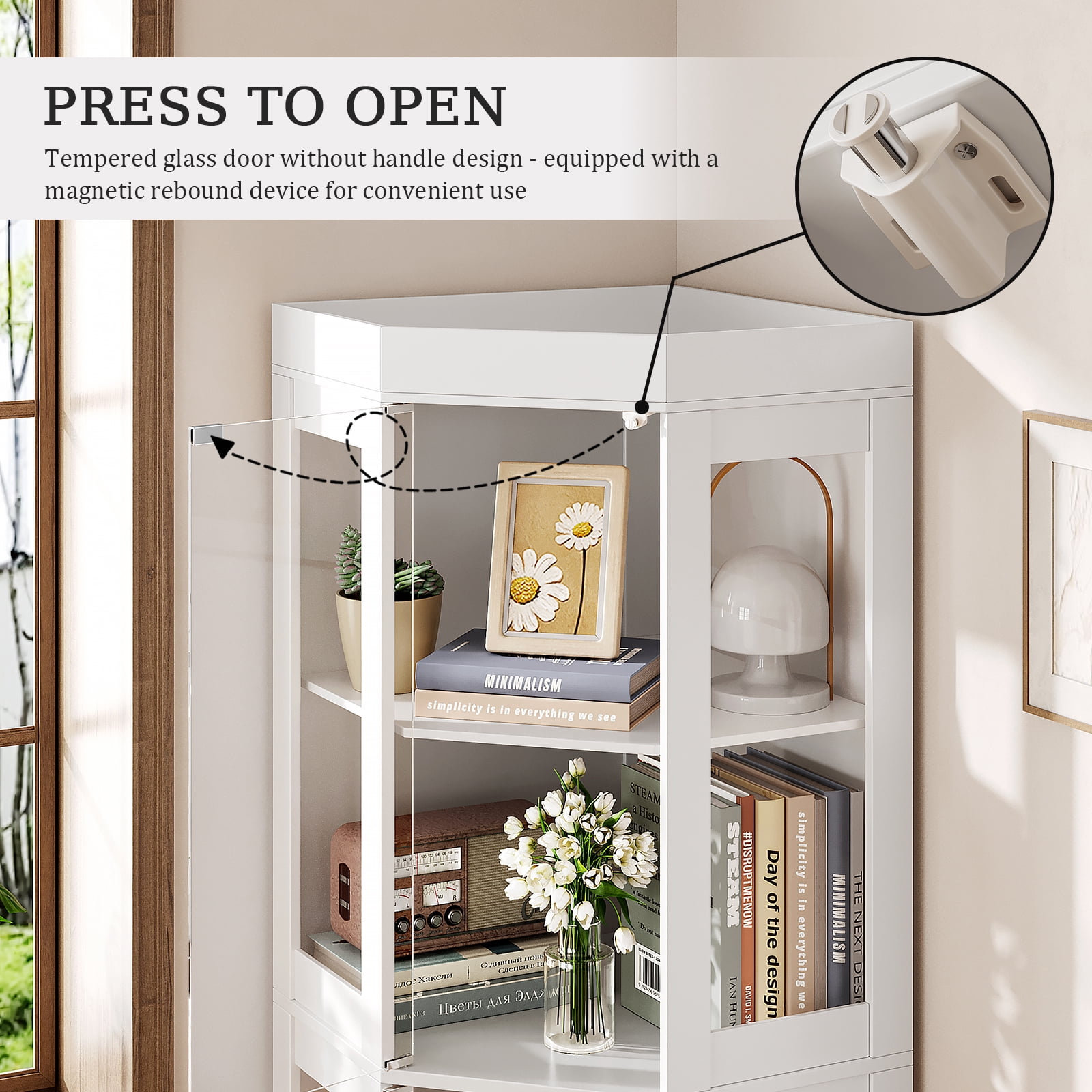 70'' Tall Corner Cabinet with Glass Doors, Modern Display Cabinet for Kitchen, Dining Living Room, Bathroom, White