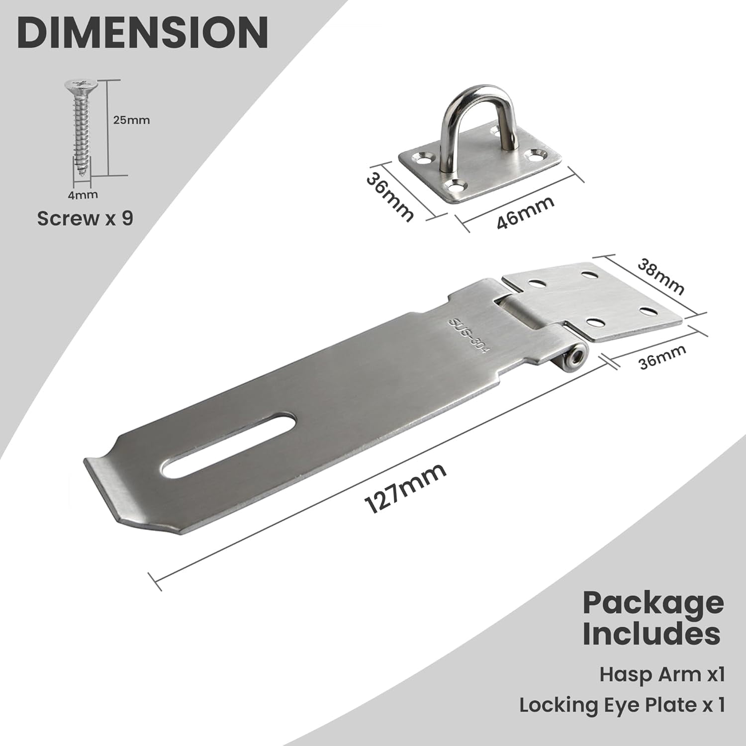 Door Lock Hasp Latch, 5 inch SUS 304 Stainless Steel Safety Packlock Clasp Hasp Lock Latch with Fixing Screw for External Doors Window Cabinet Pet Cage, Brushed Nickel MS9-5B