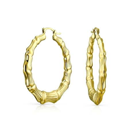 - Light Weight Hollow Big Bamboo Hoop Earrings For Women 18k Gold Plated Brass For Women Dia 2 Inch