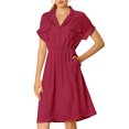 thumbnail image 5 of MODA NOVA Junior's Notched Lapel Elastic Waist A-Line Shirt Dress Burgundy XXL, 5 of 5