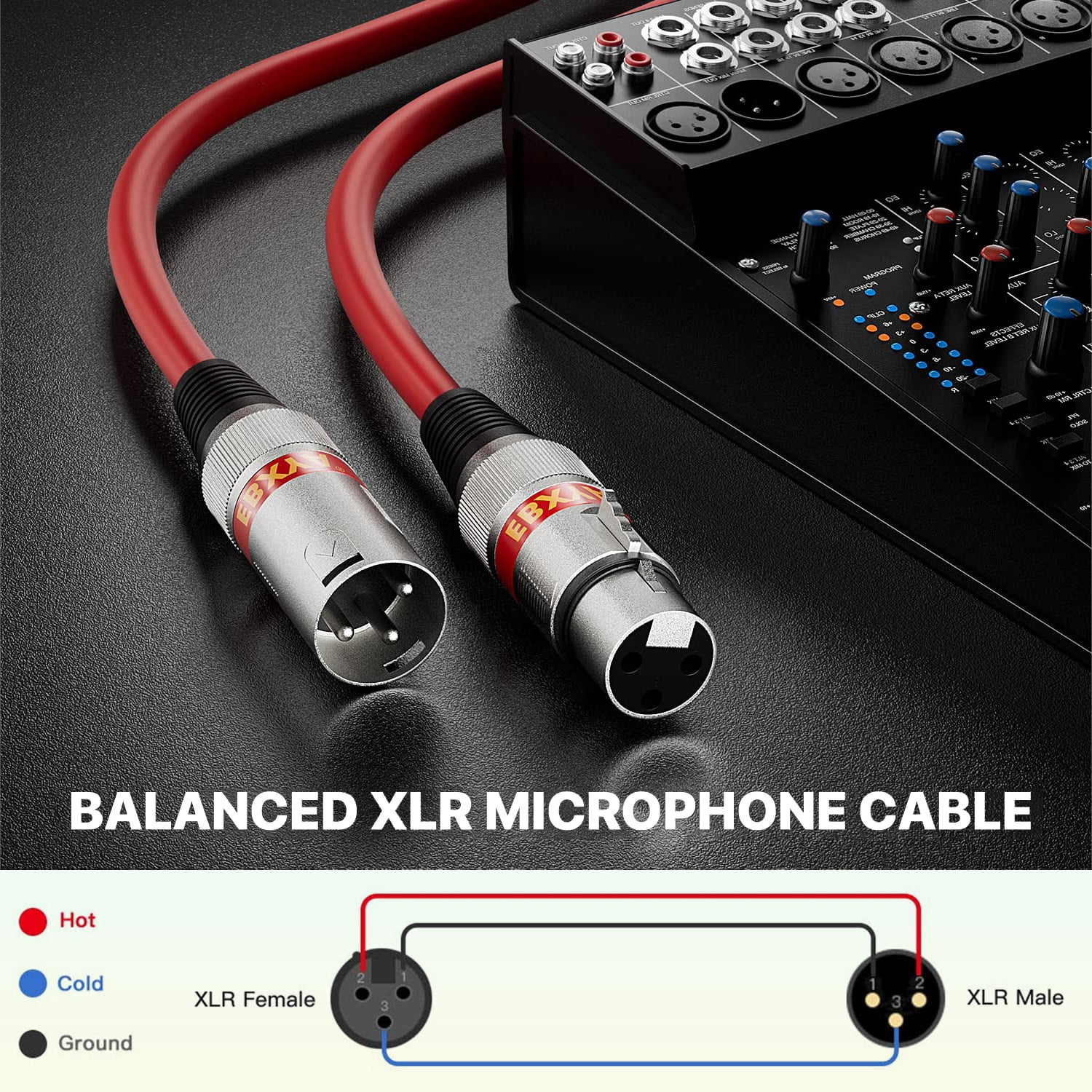 EBXYA 10-Color XLR Adapter Cable 10-Pack 2FT, Gold-Plated Male to Female Connectors & Tangle-Free Design for Studio, Live Sound, Keyboard & DJ Equipment