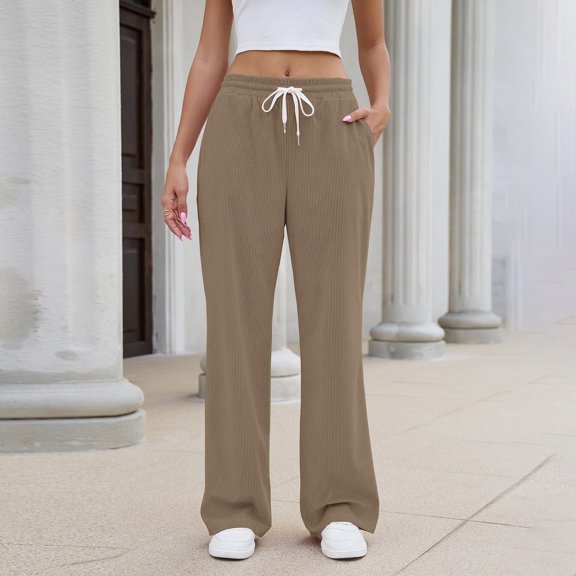 sdhkgrrt Women's Wide Leg Drawstring Pants with Pockets Casual Flowy Lounge Long Pants Work Travel Vacation Fall Outfits Winter Sweatpants, Khaki M