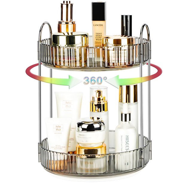 Organizador de maquillaje Niluks 360, giratorio, 2 niveles, Lazy Susan Grey