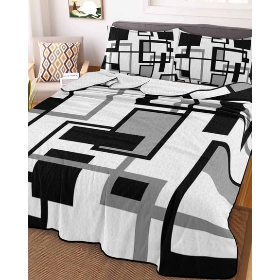 Black Grey Geometric Full Size Down Alternative Comforter, Lightweight Comforter Quilt Bedding Set with Pillow Shams Modern Abstract Art White All Seasons Bed Comforter Duvet Insert 78"x90"