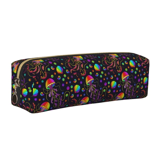 Balery Rainbow Jellyfishes Estuche de Lápices de Cuero Impreso, Estuche para Suministros de Arte, Estuche de Lápices con Cremallera, Estuche de Almacenamiento de Papelería