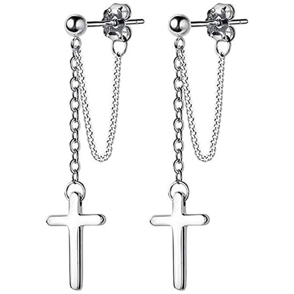 Cross Dangle Drop Earrings 925 Sterling Silver Chain Dropping for Women Men Punk Ball Studs Hypoallergenic Jewelry