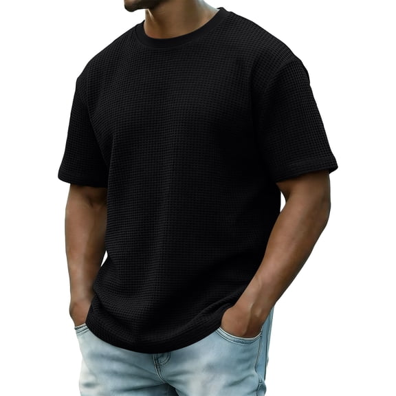 Zimjoy Men's Casual T-Shirts Classic Short Sleeve Waffle Knit Tees Crewneck Solid Tee Shirts Black L