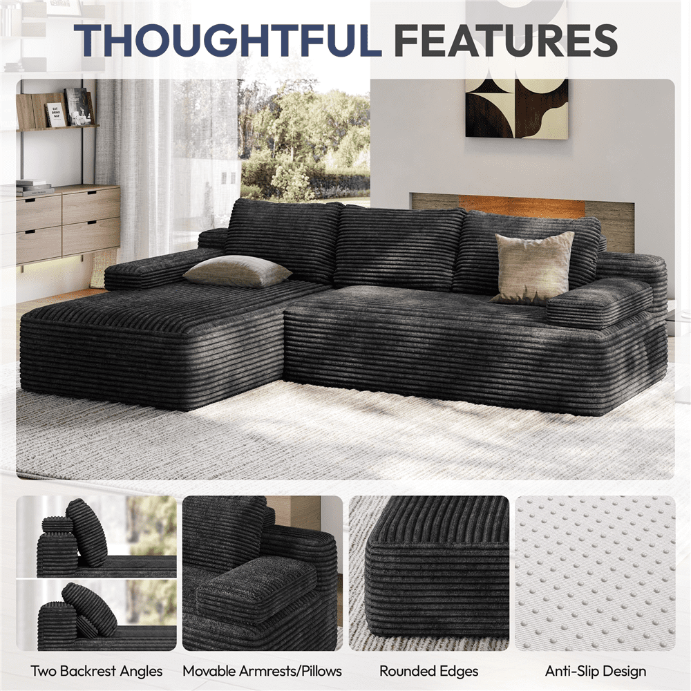 Renwick 110" Free Assembly L-Shaped Cloud Couch, Corduroy Sectional Sofa with 2 Armrests & 3 Detachable Pillows for Livingroom, Dark Gray