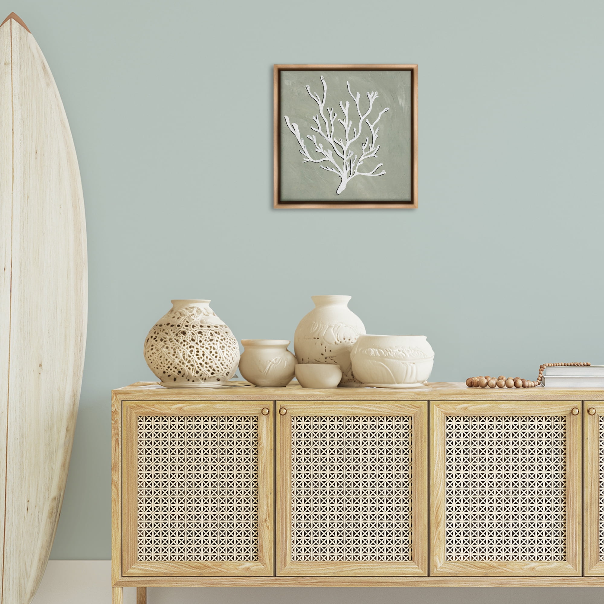Stupell Industries White Coral Sprig Coastal Painting Brown Floater Framed Canvas Art Print Wall Art, 18 x 18