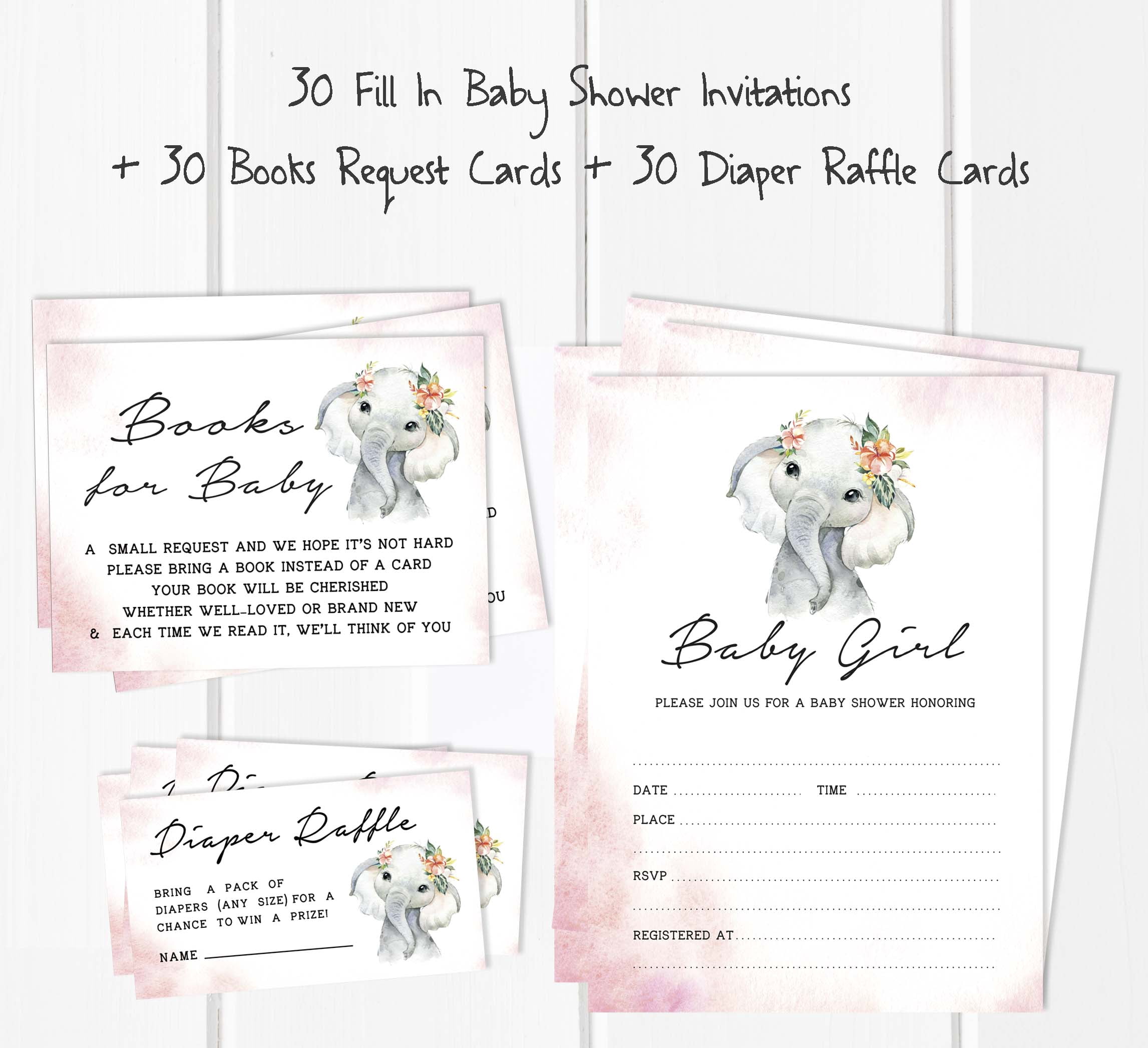 Inkdotpot Set Of 30Baby Elephant Girl Baby Shower Invitations-Diaper Raffle Tickets And Baby Shower Book Request Cards Jungle Animals Invites Its A Boy Its A Girl