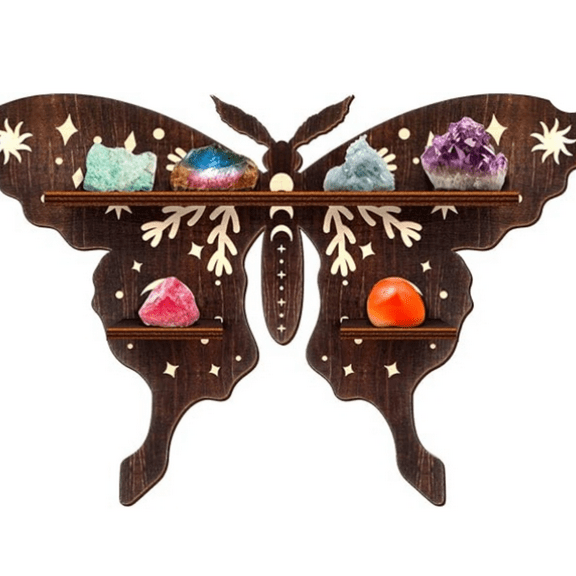 Crystal Shelf Display Rustic Wooden Cat Moon Shelves Moth Hand Wolf Crystal Holder Shelves Wooden Floating Shelf for Rock Gemstones Meditation Spiritual Gift for Home Bedroom (Moth)