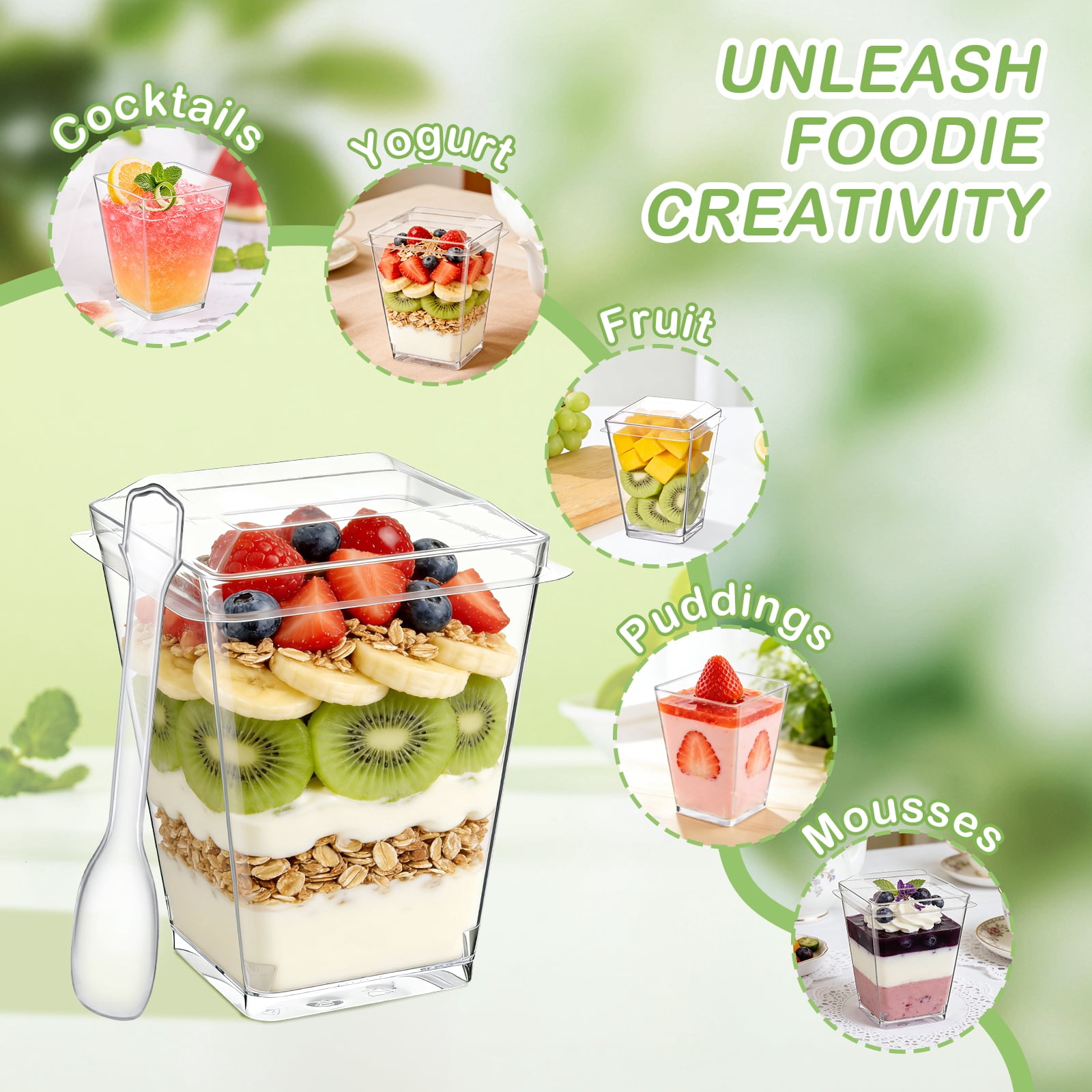 BagDream 50 Pack 5 oz Plastic Dessert Cups with Lids and Spoons, Yogurt Parfait Appetizer Cups Mini Dessert Shooter Cups for Pudding, Fruit and Ice Cream