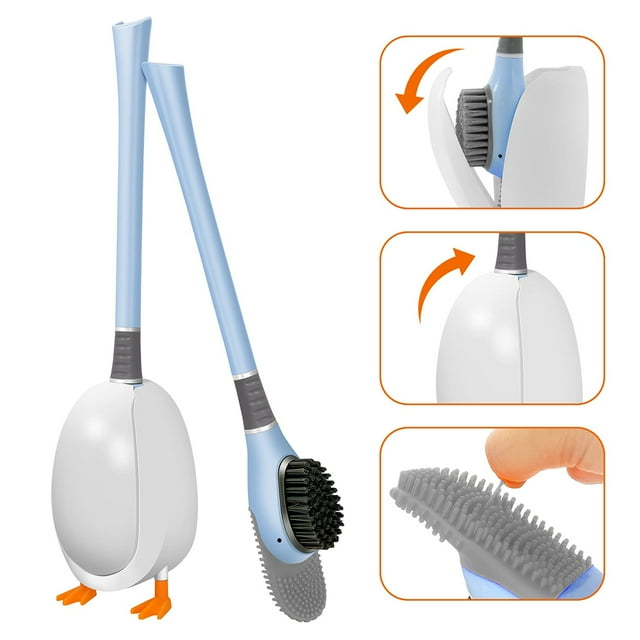 Juego de cepillo y soporte para inodoro con forma de pato de dibujos animados, juego de cepillo de inodoro de silicona, kit de limpieza para baño